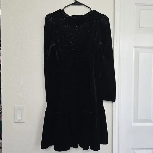Black Velvet Mini Dress Button Front Long Sleeve Sparkle Holiday Party Cocktail - Picture 5 of 16